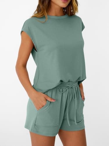 AUTOMET Womens Lounge Two 2 piece Sets Summer Outfits 2025 Loungewear Matching Beach Vacation Clothes Sweatsuits Sweat Pajamas Pjs Romper Top Shorts Fashion Trendy Travel Teen Clothing Sage Green L - Image 3