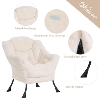 Welnow Lazy Chair with Ottoman, Modern Lounge Accent Chair with Armrests and a Side Pocket, Leisure Sofa Armchair, Reading Armchair with Footrest for Small Space, Plush Beige - Image 6