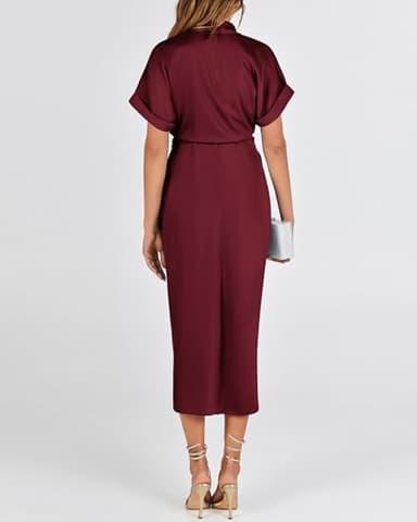 BTFBM Women Button Down Ruched Shirt Dresses Satin Short Sleeve Lapel V Neck Summer Maxi Dress 2025 Party Wedding Guest(Dark Wine Red, Medium) - Image 5