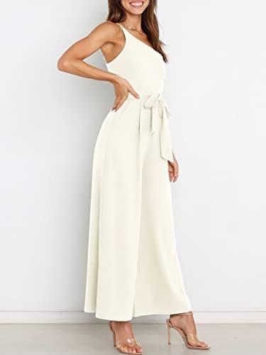 ANRABESS Women Summer Dressy Jumpsuits One Shoulder Sleeveless Casual Wide Leg Pants Romper Jumper 2025 Trendy Fall Outfits White Large - Image 2