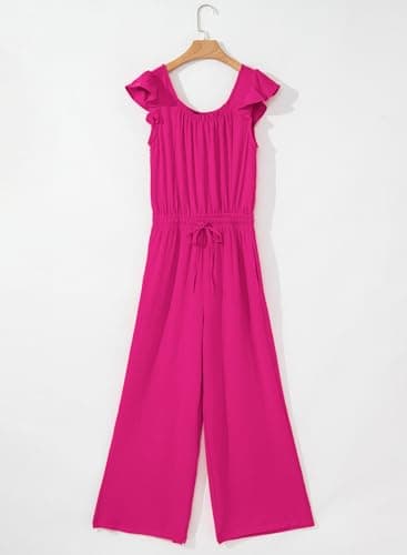 Dokotoo Lady Dressy Jumpsuits One Piece 2025 Summer Crew Neck Boho Jumpers Drawstrings Adjustable Waisted Petite Wide Leg Vacation Outfits Plus Size with Pockets,Rose X-Large - Image 4