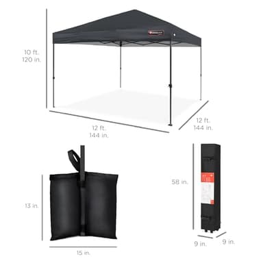 Best Choice Products 12x12ft 1-Person Setup Pop Up Canopy Tent Instant Portable Shelter w/ 1-Button Push, Case, 4 Weight Bags - Gray - Image 2