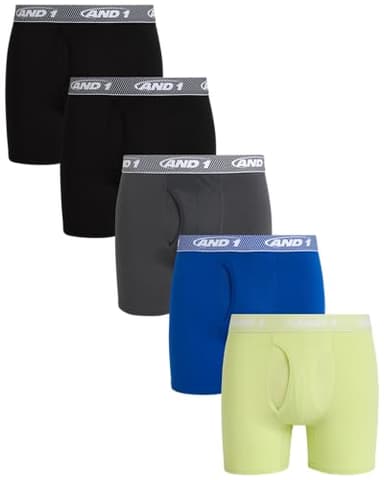 AND1 Mens Boxer Briefs - 5 Pack Stretch Performance Mens Underwear Boxers with Functional Fly Pouch, 6" Inseam (S-3XL), Size XX-Large, Black/Dark Grey/Blue/Shadow Lime - Image 1