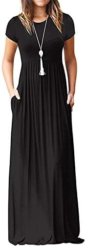 DEARCASE Maxi Dress for Women Black X-Large Crewneck Short Sleeves Wedding Guest A-line Casual Party Vintage Spring Summer Beach Long Dresses with Pockets - Image 1