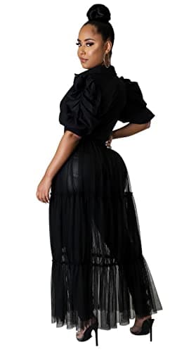 Ekaliy Women's Short Sleeve Round Neck High Low Asymmetrical Irregular Hem Casual Tops Blouse Shirt Dress L Black - Image 2
