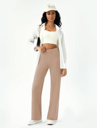 DLOODA Womens Wide Leg Yoga Pants Casual Work Dress Pants Lounge Sweatpants High Waist Comfy Loose Trousers with Pockets Taupe - Image 4