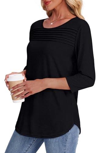 Blouses for Women Dressy Casual 3/4 Length Sleeve Trendy Spring Fashion 2025 Flowy Cute Summer Tops Scooped Neck Black Beach Vacation Clothes M - Image 4