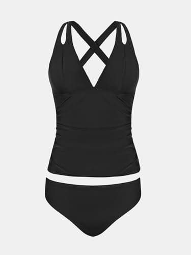 CUPSHE Women's Tankini Set Two Piece Swimsuit Mid Rise V Neck Crisscross Adjustable Straps Cutout Ruched, L Black - Image 6