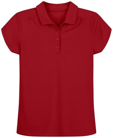 Nautica Girls' School Uniform Short Sleeve Polo Shirt, Button Closure, Moisture Wicking Performance Material, Shirring Detail, Red Performance, 12-14 - Image 1