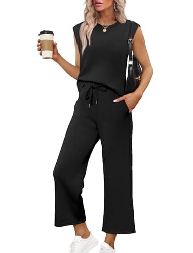 Sampeel 2 Piece Sets for Women Summer Outfits Matching Sets Women Clothing Business Casual Travel Vacation Outfits Cap Sleeve Tops Lounge Sets 2025 Black S - Image 1