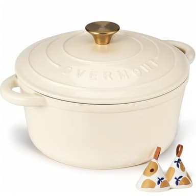 Overmont Enameled Cast Iron Dutch Oven - 7QT Pot with Lid Cookbook & Cotton Potholders - Heavy-Duty Cookware for Braising, Stews, Roasting, Bread Baking Cream White - Image 1