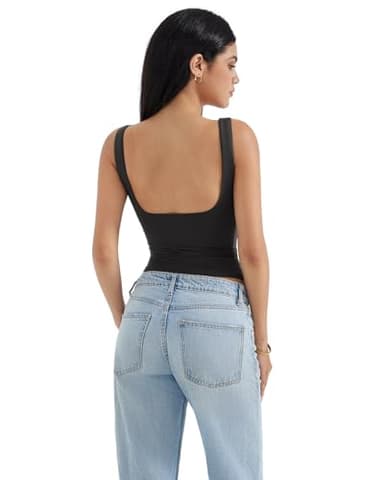 SUUKSESS Women Built in Bra Open Back Boat Neck Tank Tops Double Lined Backless Y2K Going Out Top Basic Shirt (Black,L) - Image 4