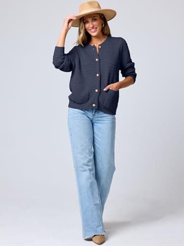 ANRABESS Womens Cardigan Sweater Long Sleeve Button Down Lady Tweed Knit Jackets 2025 Fall Outfits Navy Blue Medium - Image 6