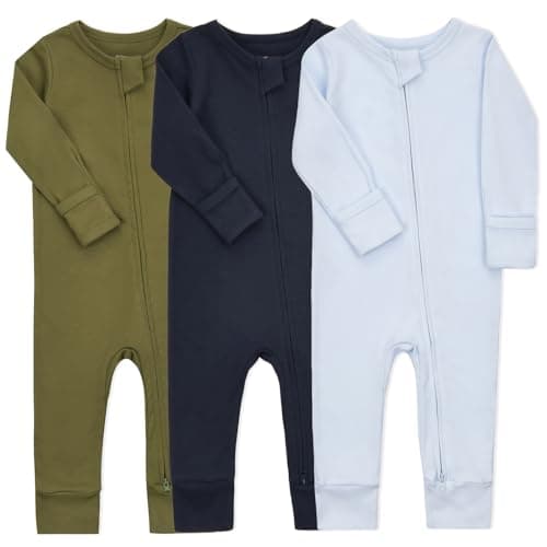 Aablexema Baby Cotton Fooltess Pajamas with Mitten, 3-pack Infant Romper Zip Up One Piece Jumpsuits Outfit(Navy&Olive&Light Blue,3-6m) - Image 1