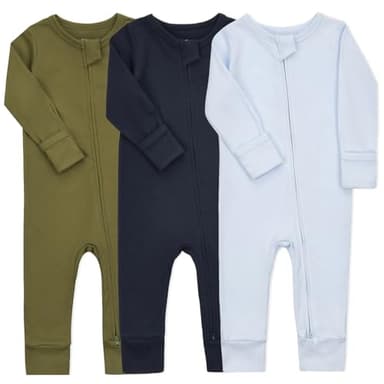 Aablexema Baby Cotton Fooltess Pajamas with Mitten, 3-pack Infant Romper Zip Up One Piece Jumpsuits Outfit(Navy&Olive&Light Blue,3-6m) - Image 1