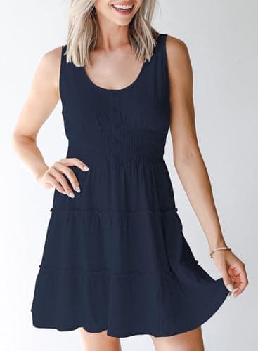 Dokotoo Resort Wear for Women 2025 Sun Vacation Dresses Summer Sleeveless Button Down Smocked Waist Ruffle Tiered Casual Swing Mini Dress for Women Beach Party Cover up Dress Sundresses Blue Medium - Image 4