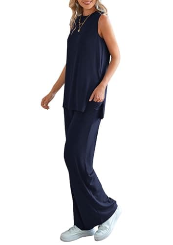 PRETTYGARDEN Women's 2 Piece Lounge Set 2025 Summer Casual Loose Tank Top Wide Leg Pants Matching Travel Outfits Tracksuit (Navy,X-Large) - Image 8