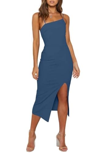 OWIN Women's Adjustable Spaghetti Straps Sleeveless High Waist Split Midi Bodycon Cocktail Party Dress Grey Blue - Image 1