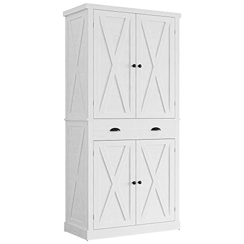IRONCK Kitchen Pantry Storage Cabinet 72.6" H, with Barn Doors, Drawer, 4 Adjustable Shelves, Freestanding Cupboard, Laundry, White - Image 1