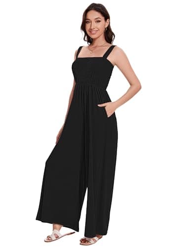 LOZ Black Jumpsuit for Women Ruched Casual One Piece Flowy Sleeveless Overalls Dressy Stretchy Loose Rompers Elegant Square Neck Summer Wide Leg Long Pants with Pockets 2025 M - Image 2