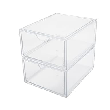 Martha Stewart Brody Desk Organizer with Drawer, Stackable Plastic Desk Storage Box, Organizer for Office, Bathroom, Countertop or Dorm, 6" x 7.5", 2 Pack, Clear - Image 3