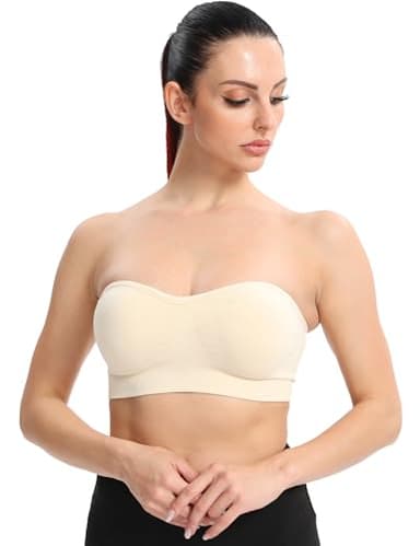 Gnowann Strapless Bras for Women Non-Slip Silicone Bandeau Bralette Seamless Wireless Strapless Bra Padded Tube Top Beige S - Image 4
