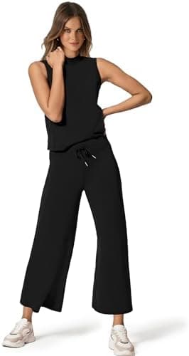 SAMPEEL Two Piece Sets for Women Summer Outfits Lounge Sets Mock Neck Tops Wide Leg Crop Pants Vacation Travel Outfits - Image 4