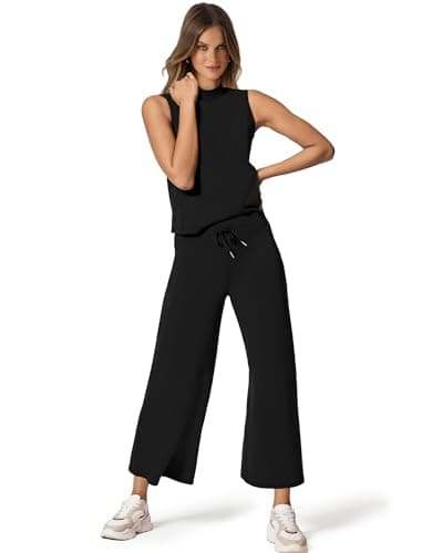 Sampeel Two Piece Set for Women Summer Outfits Matching Sets Women Clothing Lounge Sets Business Casual Outfits Travel Mock Neck Tops Wide Leg Pants Set Black XL - Image 2