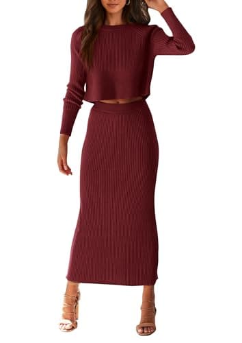 PRETTYGARDEN Women's Spring Fall 2 Piece Sweater Set Rib Knit Long Sleeve Crop Top Maxi Bodycon Skirt Casual Winter Outfits (Wine Red,Large) - Image 1