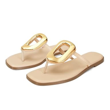 Wnshonzy Flip-Flops for Women Thong Sandals Flat Nude Slip on Slides Leather Beach Comfort Open Square Toe Ladies Slipper Dressy Metal Hardware Decoration Summer Shoes Casual Fashion - Image 1