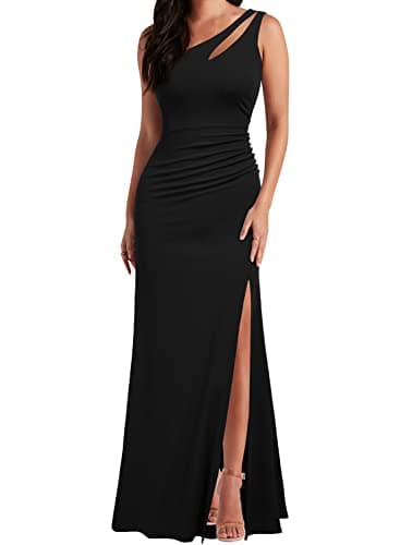 WOOSEA Women's One Shoulder Sleeveless Split Bodycon Mermaid Evening Cocktail Long Dress Black - Image 1
