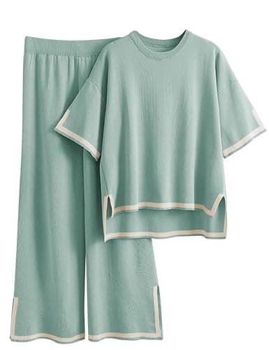 Tanming Sweater Sets Women 2 Piece Lounge Sets Short Sleeve Knit Pullover Tops Wide Leg Pants (GreyGreen-S) - Image 1
