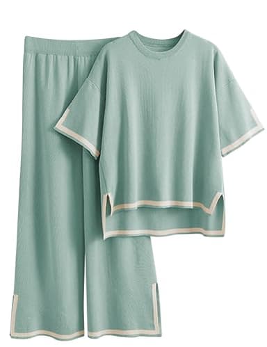 Tanming Sweater Sets Women 2 Piece Lounge Sets Short Sleeve Knit Pullover Tops Wide Leg Pants (GreyGreen-S) - Image 1