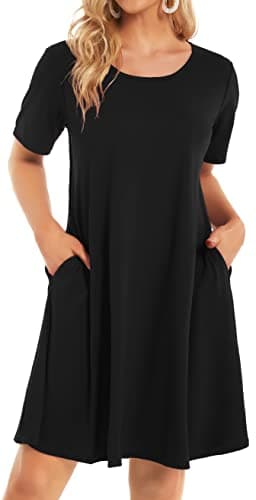 elescat Fall Dresses for Women Casual with Pockets Summer Mini Beach Sundress Short Sleeve Loose Fit(Black,XL) - Image 1