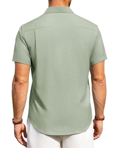 Alimens & Gentle Mens Linen Shirts Short Sleeve Button Down Shirts Wrinkle Free Casual Vacation Beach Summer Tops,Mint Green,L - Image 4