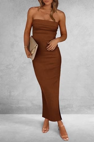 PRETTYGARDEN Women's Summer Bodycon Maxi Tube Dress Ribbed Strapless Side Slit Long Going Out Casual Elegant Party Dresses (Brown,Medium) - Image 6
