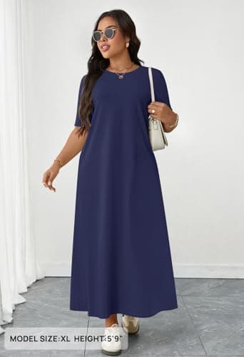 MEROKEETY Women's 2025 Summer Maxi Dress Casual Short Sleeve Beach Vacation Crewneck Basic Long T Shirt Dresses, Navy, X-Large - Image 4