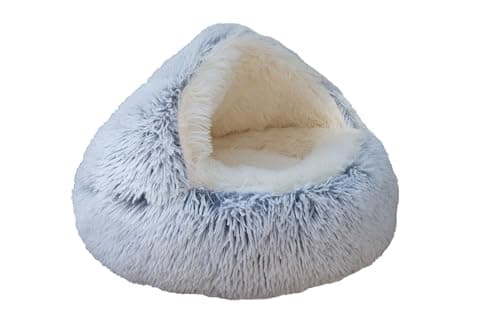 ZaneSun Calming Round Dog Bed & Cat Cave with Hooded Cover, Plush Fluffy Anti-Anxiety Bed, Waterproof Bottom Washable (Grey, 20x20inch) - Image 1