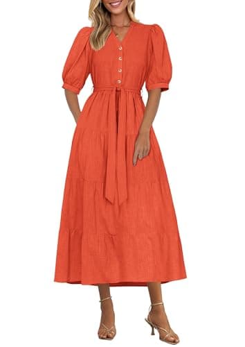 PRETTYGARDEN Summer Dresses for Women 2025 Elegant Classy Short Sleeve V Neck Ruffle A Line Belted Long Beach Vacation Dress (Orange,Large) - Image 1