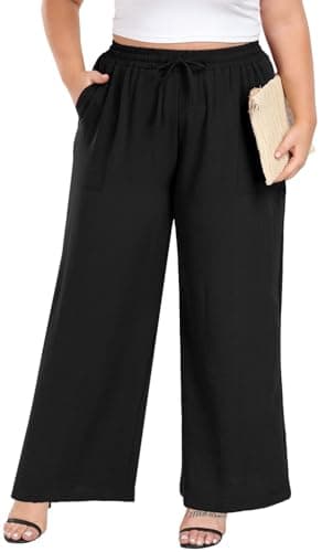 Lastshe Women's Plus Size Wide Leg Pants Summer Stretchy Drawstring Waistband Comfortable Fit Casual Trousers Pants with Pockets,Black,2X - Image 1