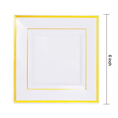 bUCLA 100PCS Gold Square Plastic Plates - 6inch Disposable Dessert/Cake Plates - Premium Hard Square Small Appetizer Plates for Wedding&Party - Image 3