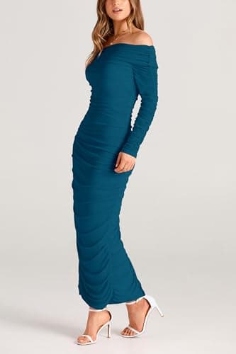 PRETTYGARDEN Women's Fall Off Shoulder Maxi Bodycon Dress Long Sleeve Ruched Fitted Club Dresses with Slit (Lake Blue,Large) - Image 3