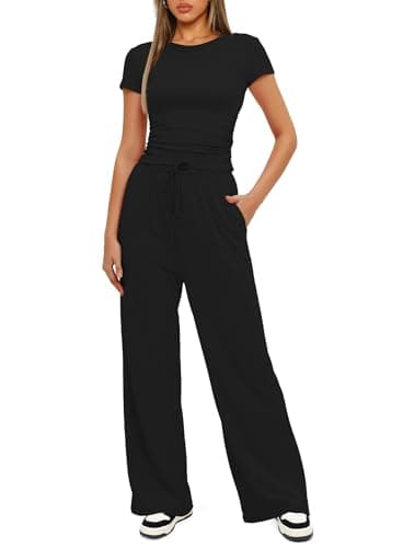 Darong Women's Two Piece Outfits Lounge Sets Ruched Short Sleeve Pullover Tops and High Waisted Pants Tracksuit Sets 9042A Black M - Image 3