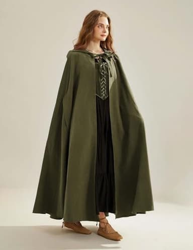 Scarlet Darkness Women Renaissance Hooded Cape Medieval Cloak Hobbit Halloween Costume Olive Green - Image 7