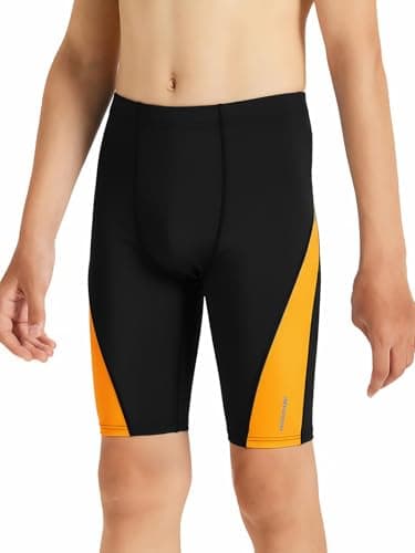 DEVOROPA Boys', Big Kid Splice Swim Jammers Youth Competitive Swim Team Suit Quick Dry Athletic Swimming Shorts UPF 50+ Black/Orange M - Image 2