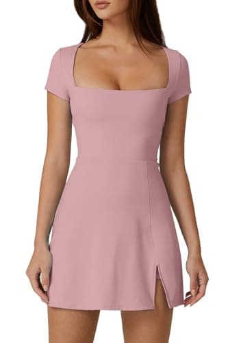 QINSEN Short Sleeve Athletic Dress for Women High Waist Side Slit Tennis Dress Built in Shorts Golf Active Dresses Pink M - Image 1