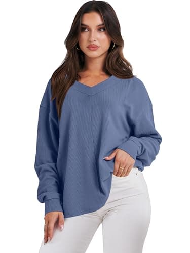 ANRABESS Oversized Long Sleeve Shirts for Women Off the Shoulder Sweatshirt Loose V Neck Tunic Tops High Low Sweater 2025 Small Grey Blue - Image 8