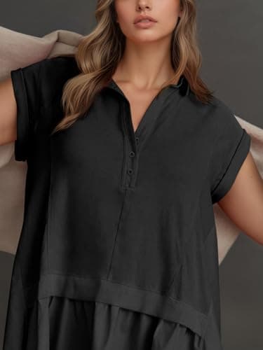 Fisoew Womens Summer Sweatshirts Dresses Short Sleeve V Neck Casual Oversized Patchwork Mini Dresses Black - Image 4