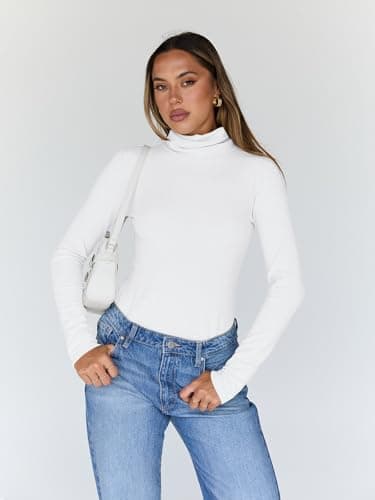 Trendy Queen Women's Turtleneck Long Sleeve Shirts Fall Fashion BasicThermal Underwear Tops Winter Clothes 2024 White M - Image 2