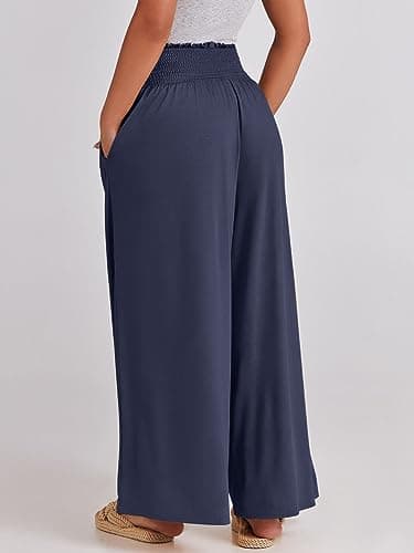 ANRABESS Women Palazzo Pants Summer Boho Bagyy Wide Leg High Smocked Waist Casual Loose Lounge Pant with Pocket Deep Blue X-Large - Image 5